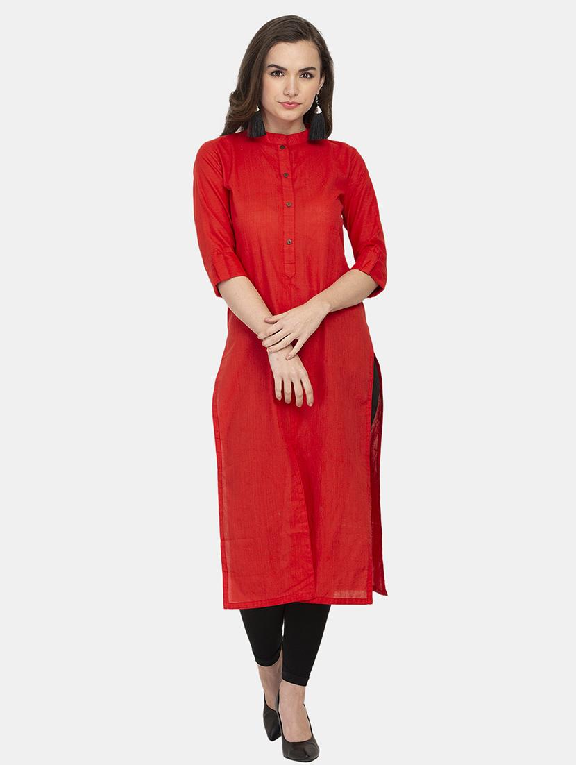 red cotton straight kurta - 22061671 - Zoom Image - 0