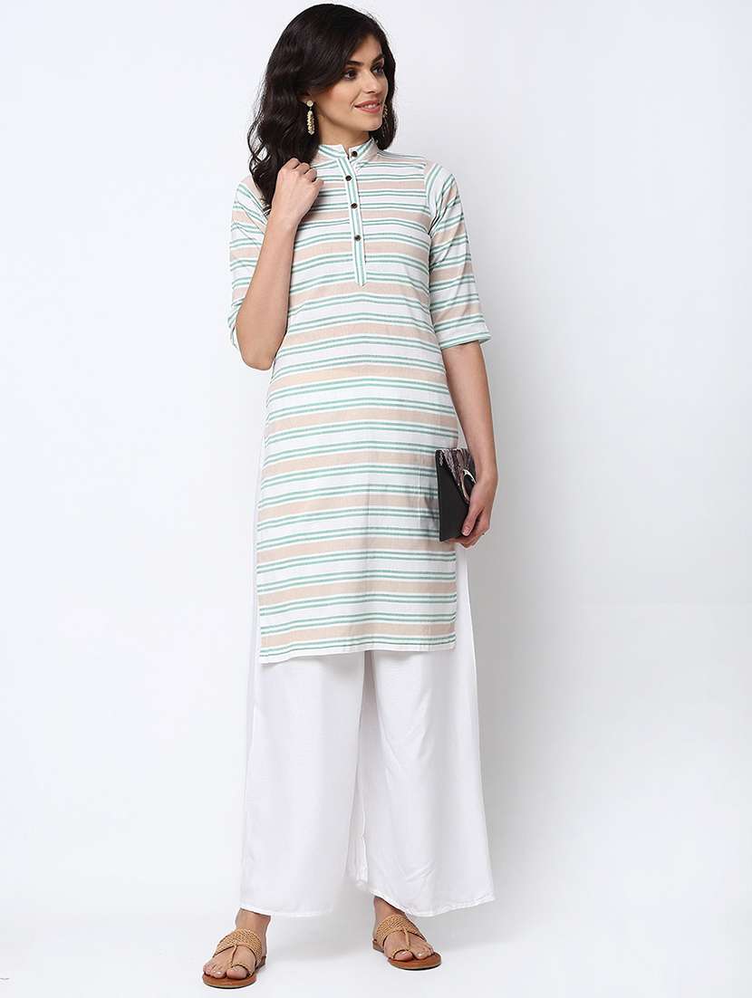 women striped three quarter sleeve straight kurta - 22061680 -  Zoom Image - 0