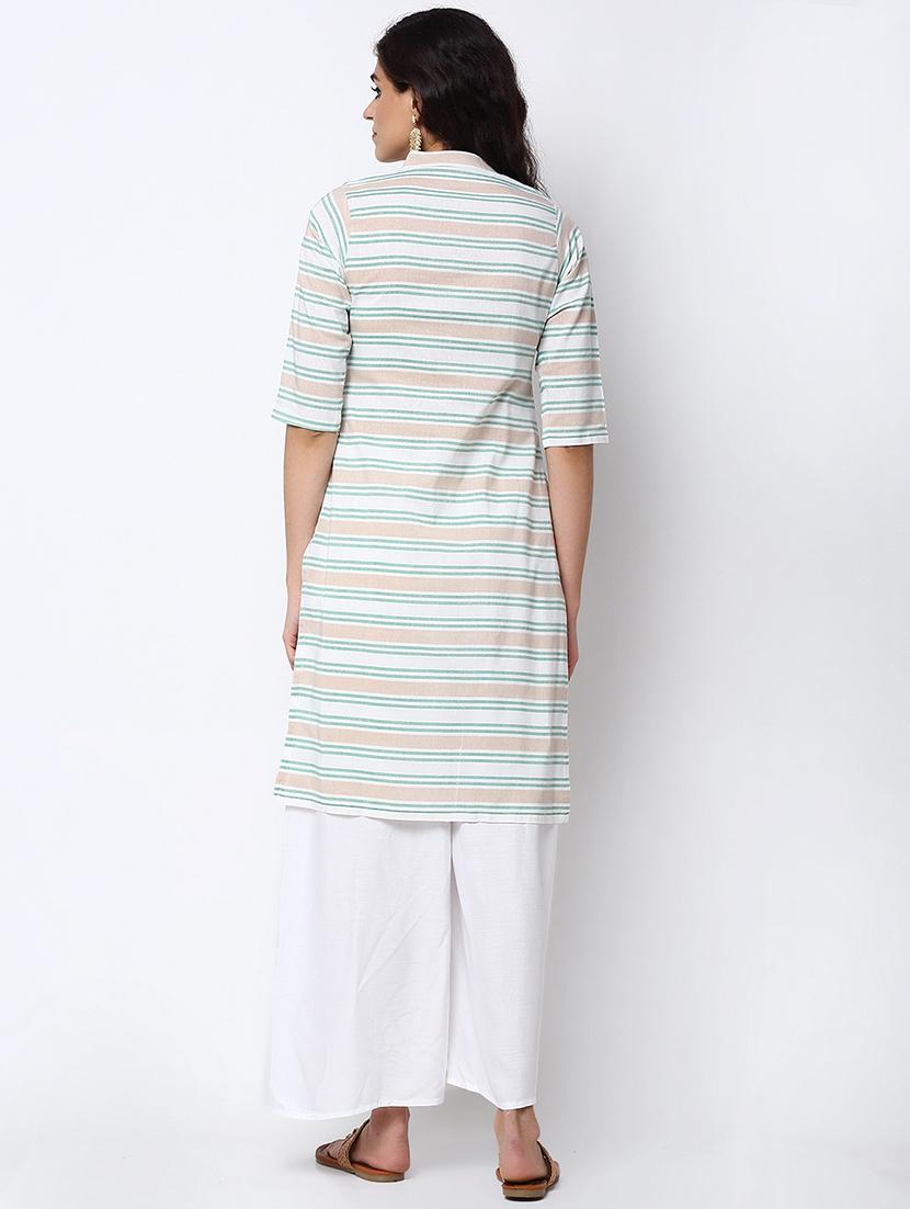 women striped three quarter sleeve straight kurta - 22061680 - Standard Image - 3