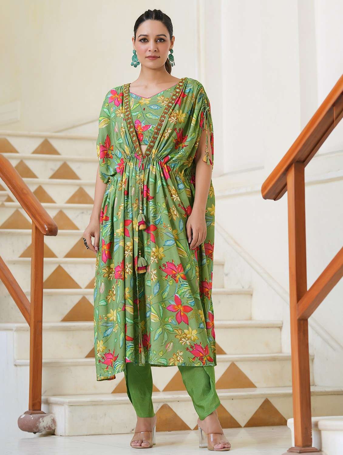 women floral kimono sleeve kaftan kurta pant set - 22061790 - Zoom Image - 0