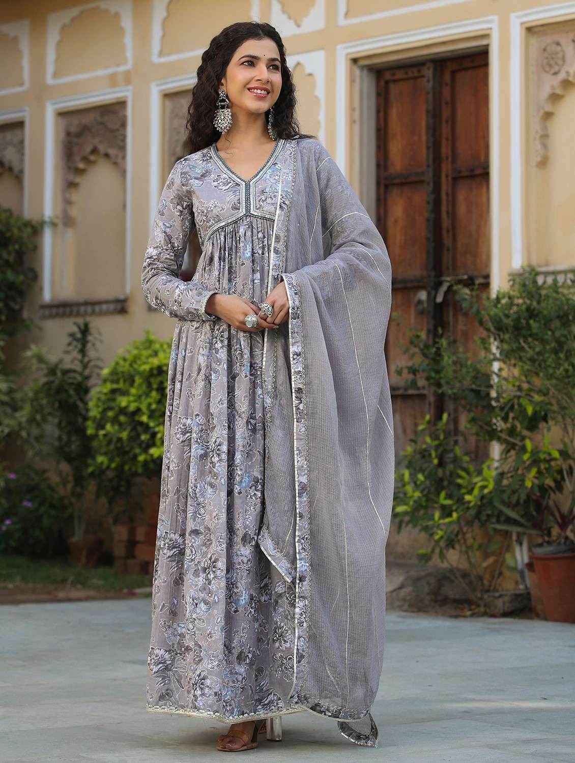 grey cotton aline gown - 22061801 -  Zoom Image - 0