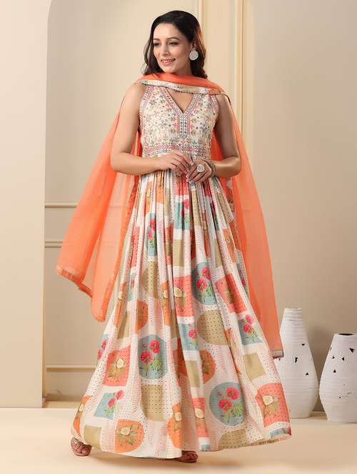 women printed sleeveless anarkali and dupatta set - 22061819 - Standard Image - 0