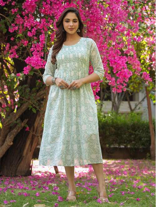 Women Printed Round Neck A Line Ethnic Dress