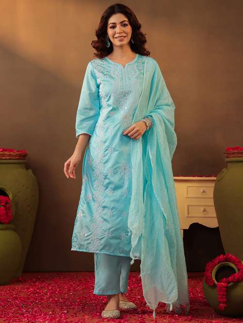 women three quarter sleeve kurta pant with dupatta set - 22062039 - Standard Image - 0