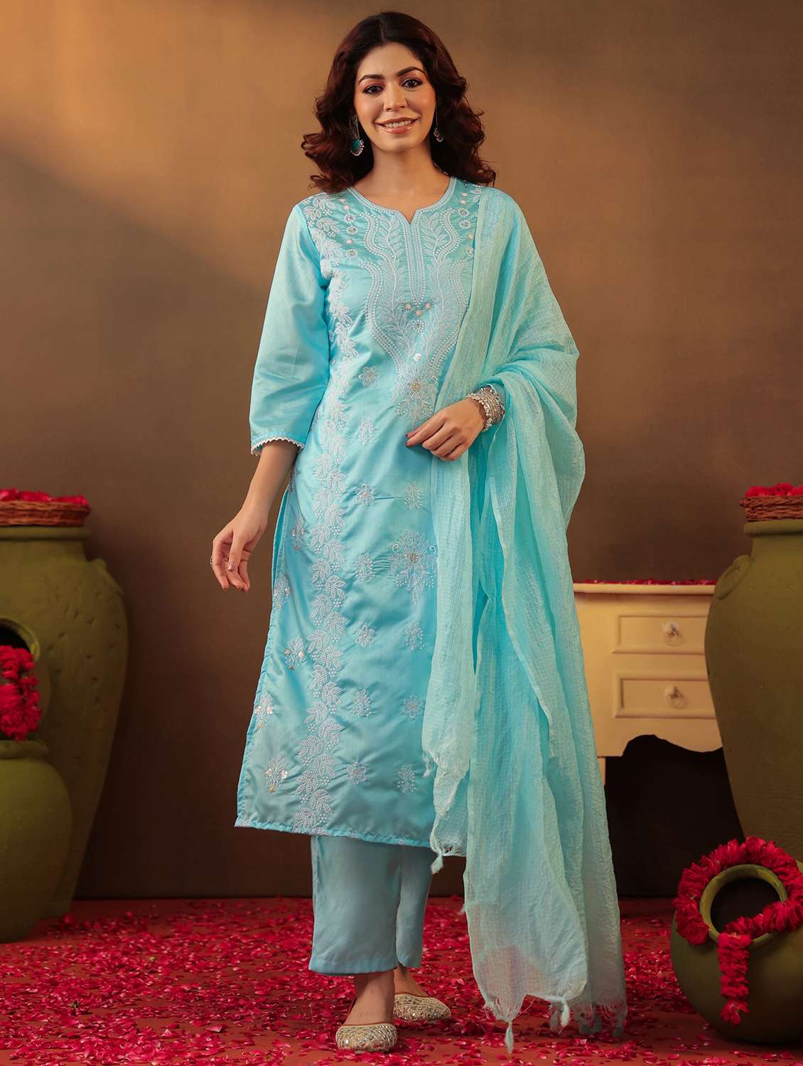 women three quarter sleeve kurta pant with dupatta set