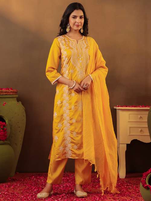 women three quarter sleeve kurta pant with dupatta set - 22062040 -  Standard Image - 0