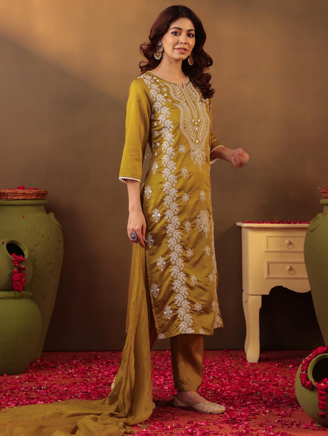 olive silk kurta pant set - 22062041 - Standard Image - 3