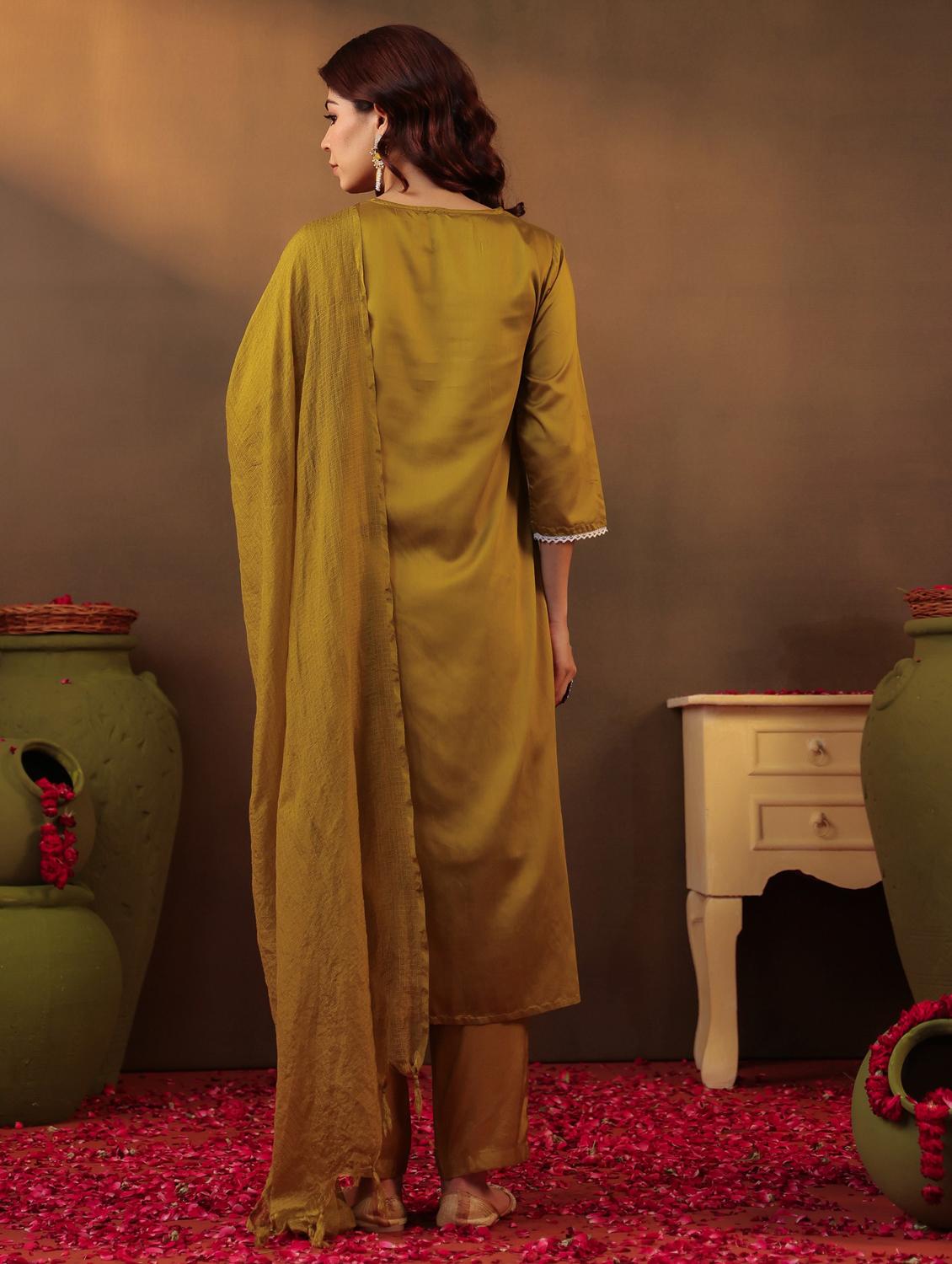 olive silk kurta pant set - 22062041 - Standard Image - 5