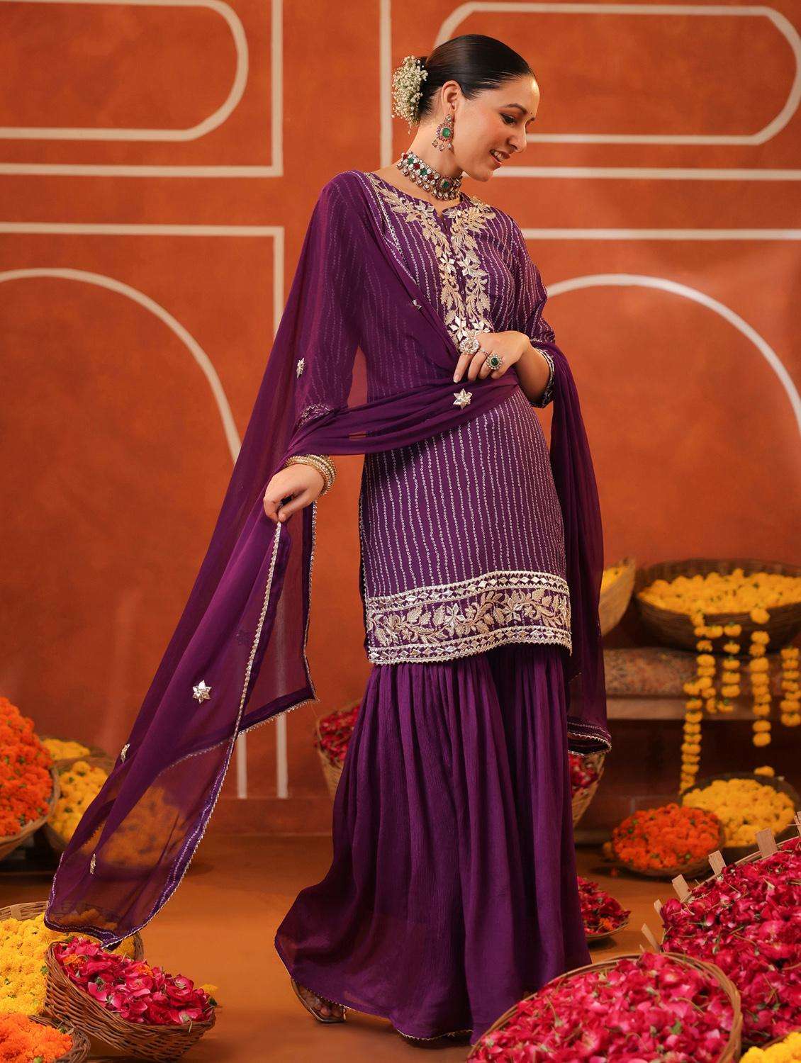 women three quarter sleeve kurta sharara with dupatta set - 22062051 -  Standard Image - 5