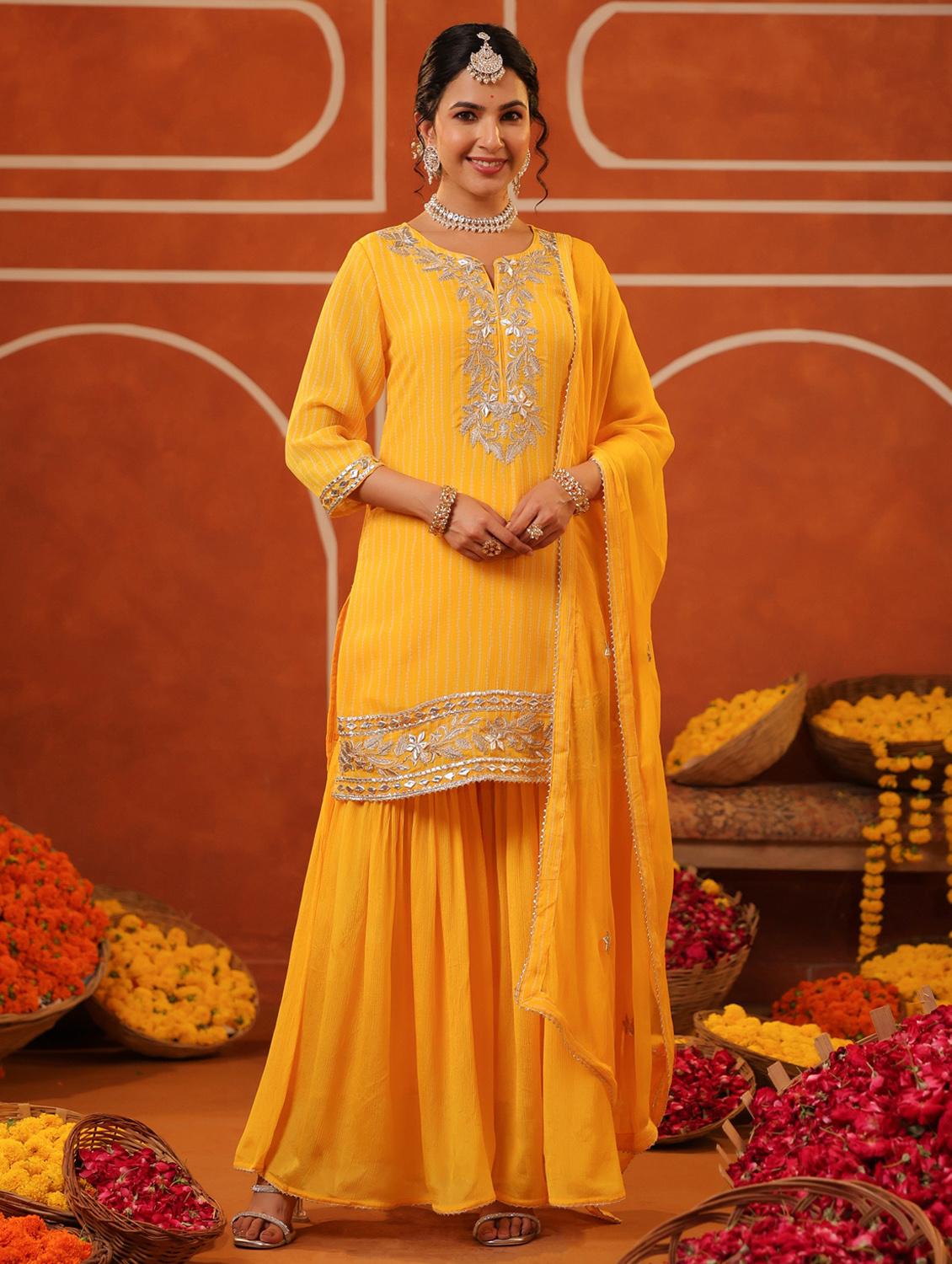 yellow silk blend kurta sharara set - 22062052 - Zoom Image - 0