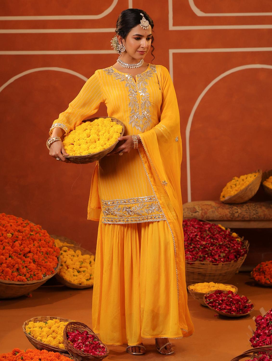 yellow silk blend kurta sharara set - 22062052 - Standard Image - 3