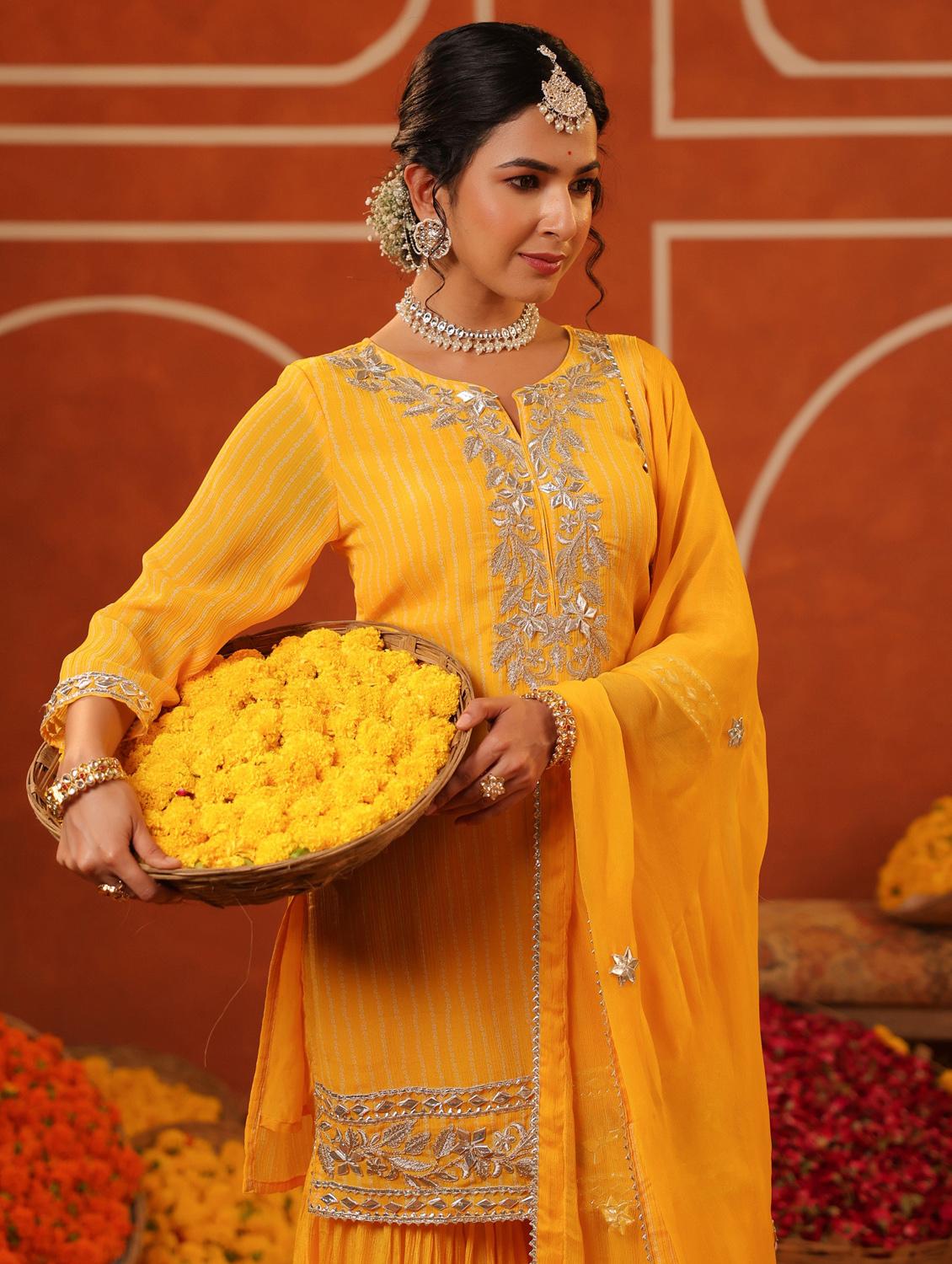 yellow silk blend kurta sharara set - 22062052 - Standard Image - 5