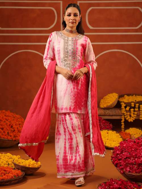 women three quarter sleeve kurta sharara with dupatta set - 22062074 - Standard Image - 0