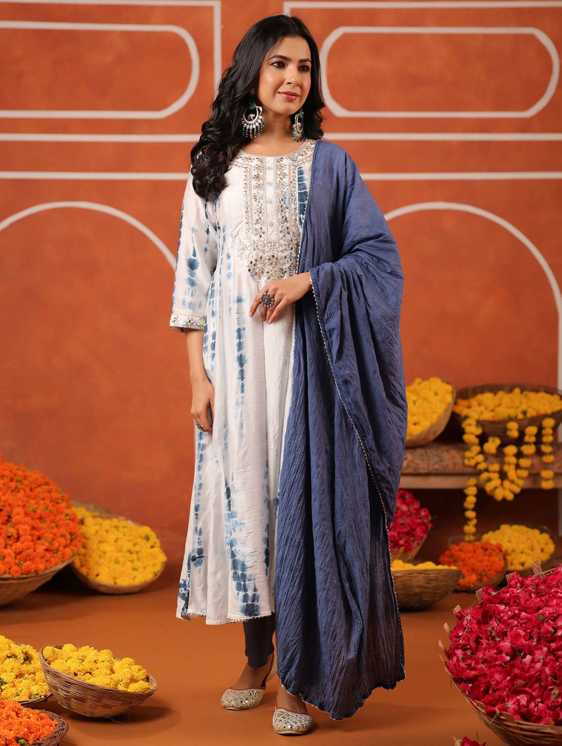 women three quarter sleeve kurta pant with dupatta set