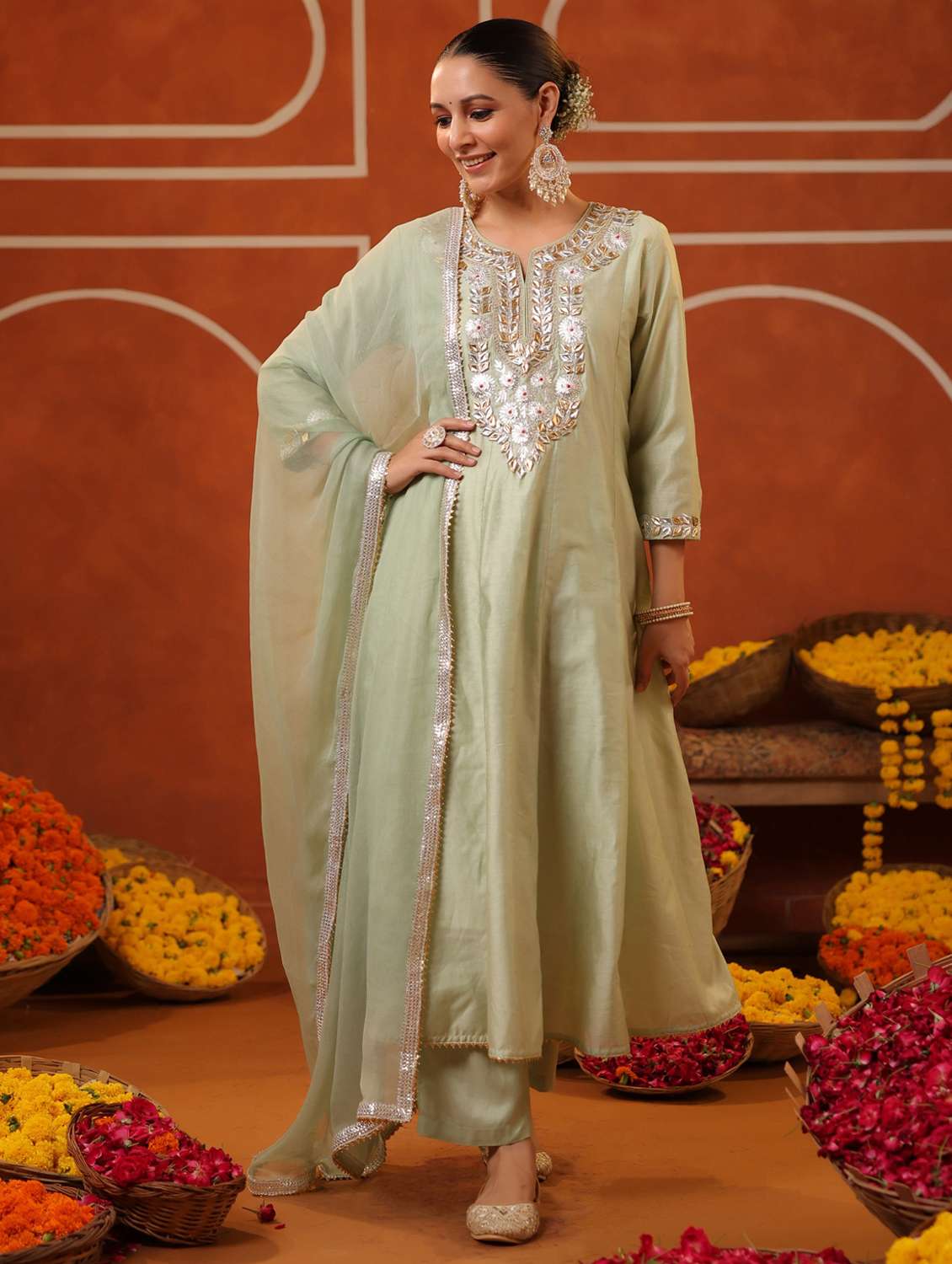 women three quarter sleeve kurta pant with dupatta set