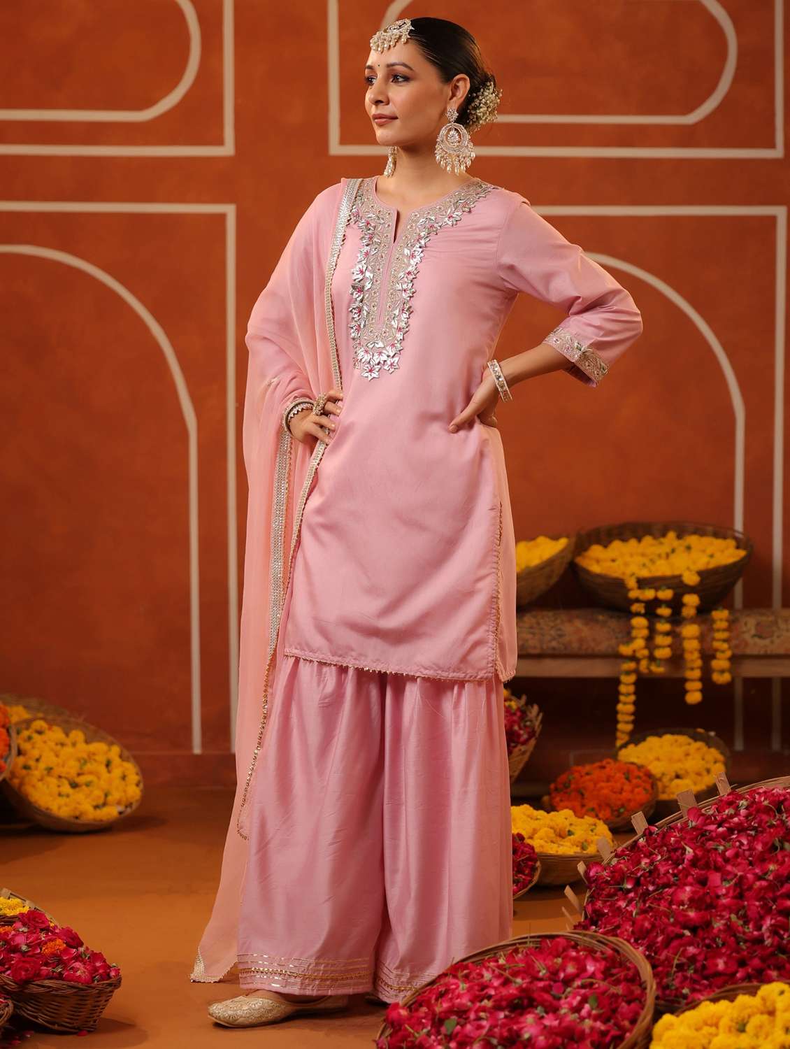 women three quarter sleeve kurta sharara with dupatta set - 22062082 - Standard Image - 3