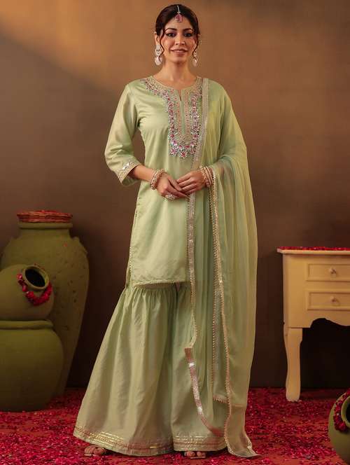 women three quarter sleeve kurta sharara with dupatta set - 22062083 -  Standard Image - 0