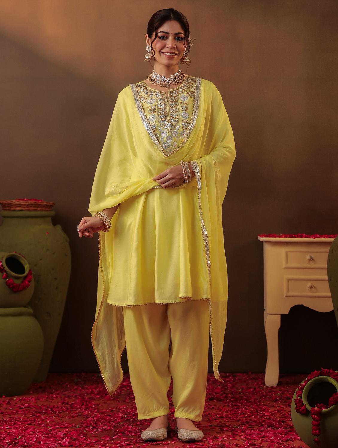 yellow silk anarkali set - 22062087 - Zoom Image - 0