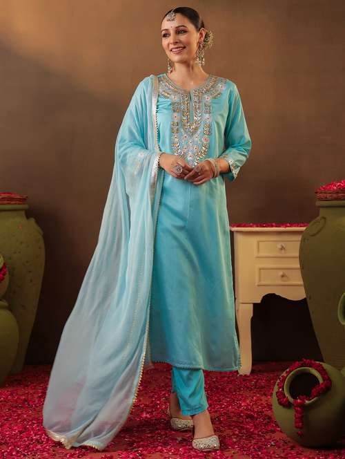 light blue silk kurta pant set - 22062093 - Standard Image - 0