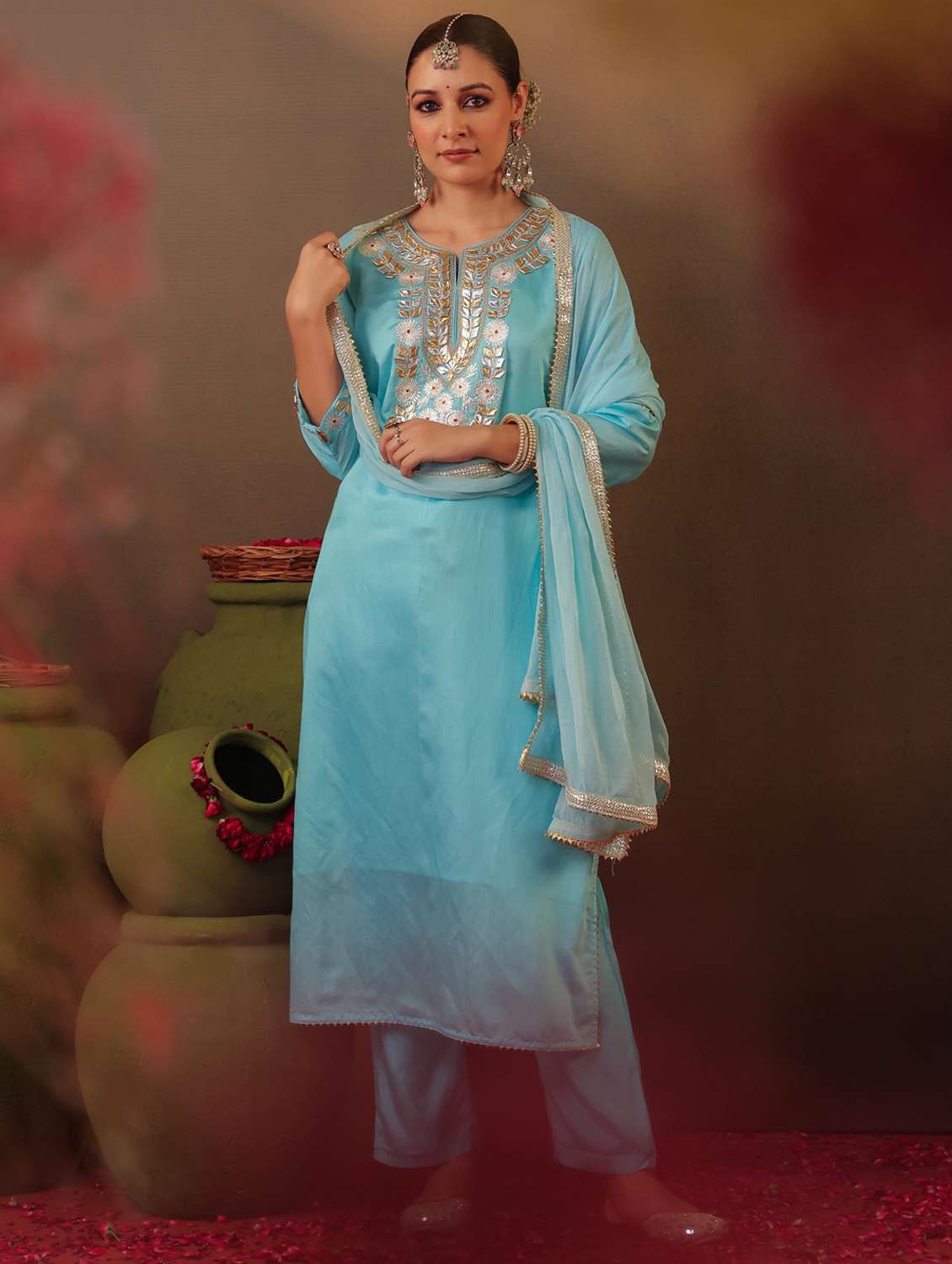light blue silk kurta pant set - 22062093 - Standard Image - 3
