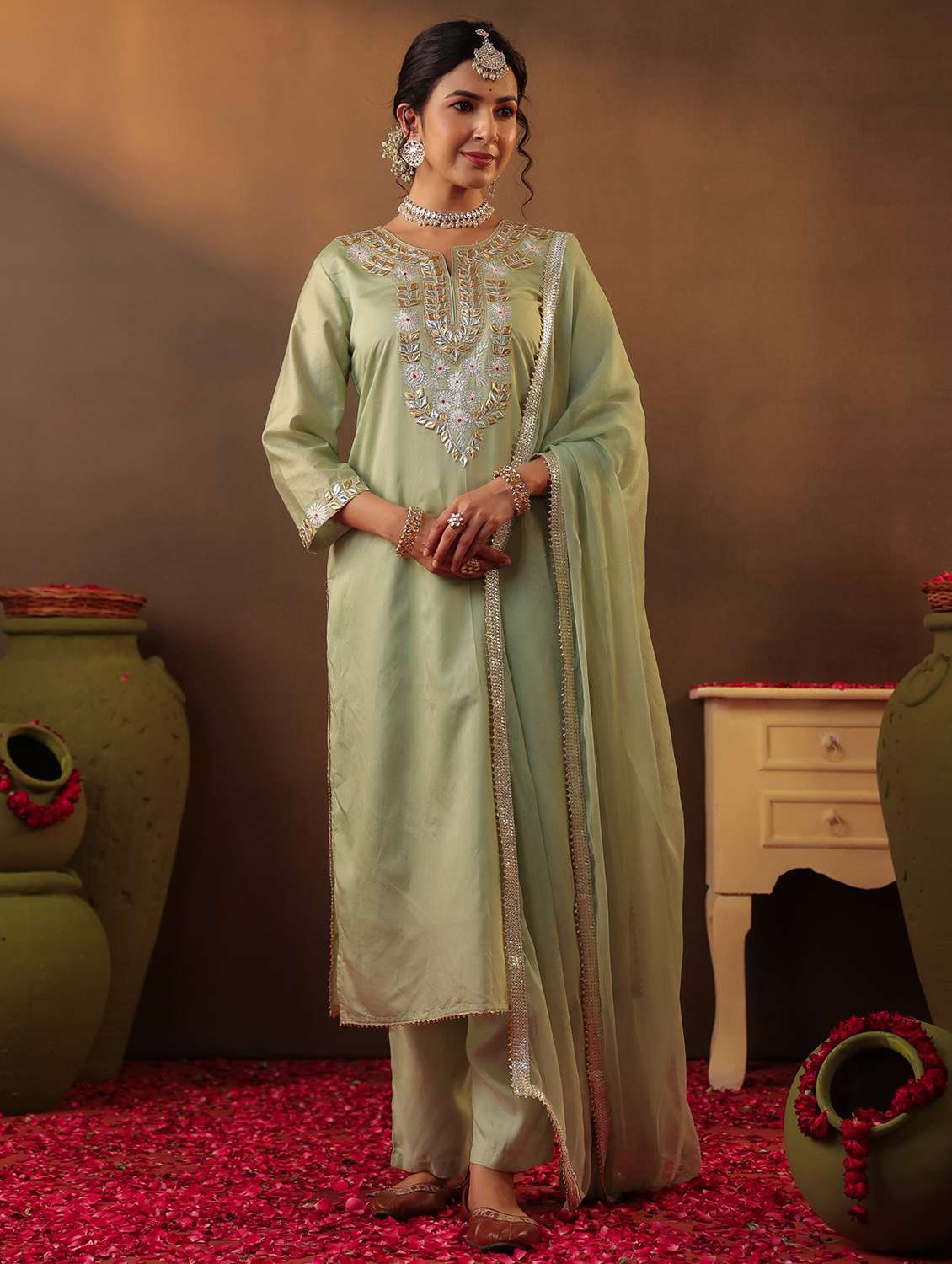 women three quarter sleeve kurta pant with dupatta set - 22062094 -  Zoom Image - 0