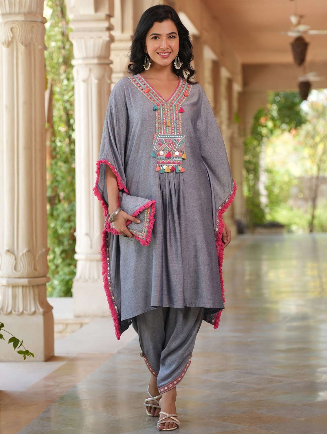 women solid with work kimono sleeve kaftan set - 22062097 -  Zoom Image - 0
