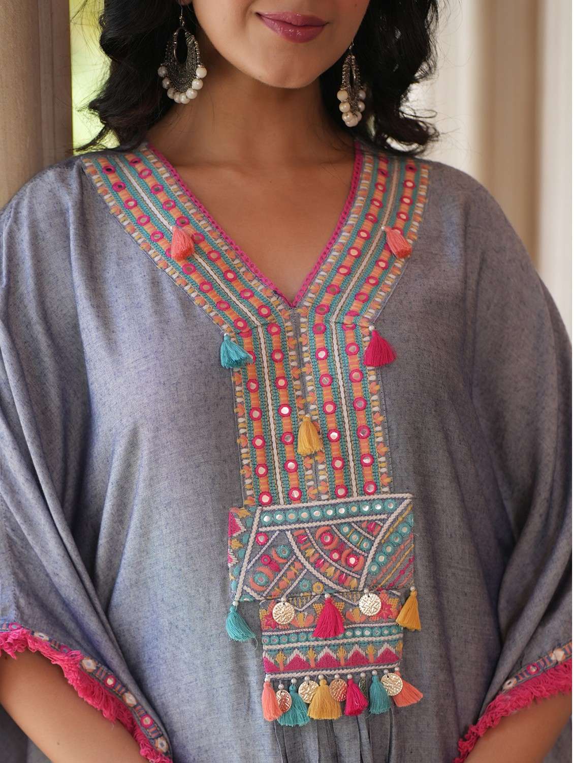 women solid with work kimono sleeve kaftan set - 22062097 - Standard Image - 3