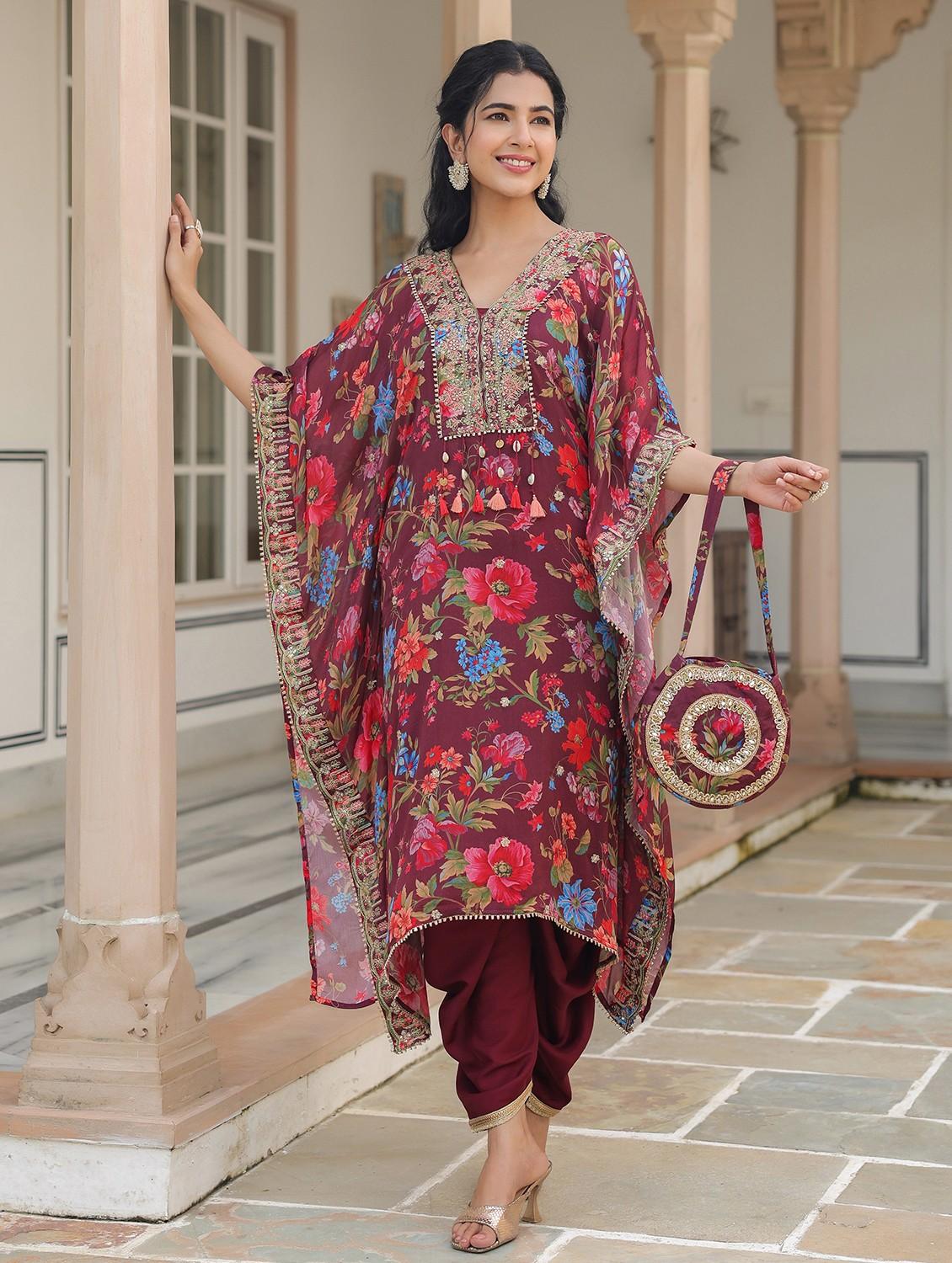 women floral printed kimono sleeve kaftan set