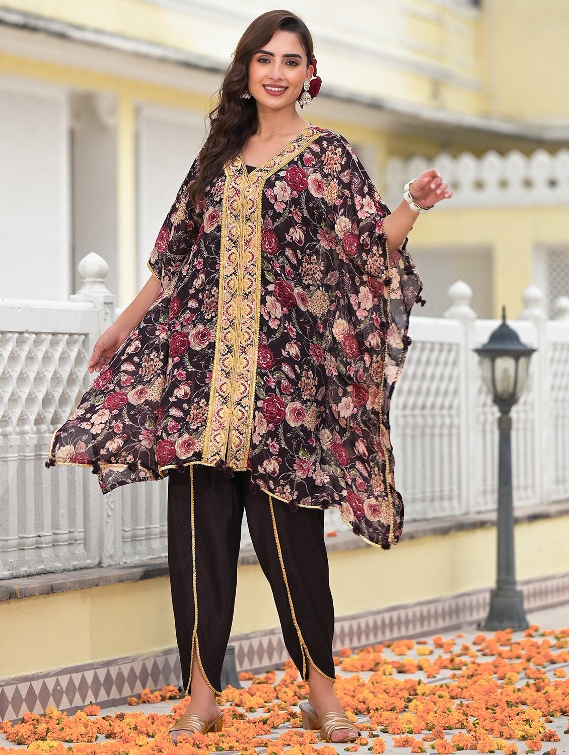 women floral printed kimono sleeve kaftan set