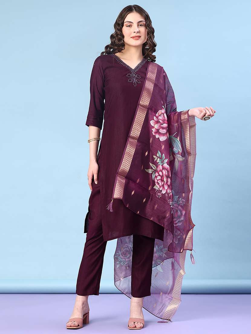 women three quarter sleeve kurta and pant with dupatta 
