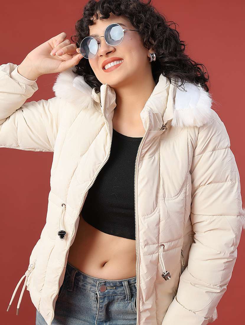 women solid long sleeve hooded puffer jacket