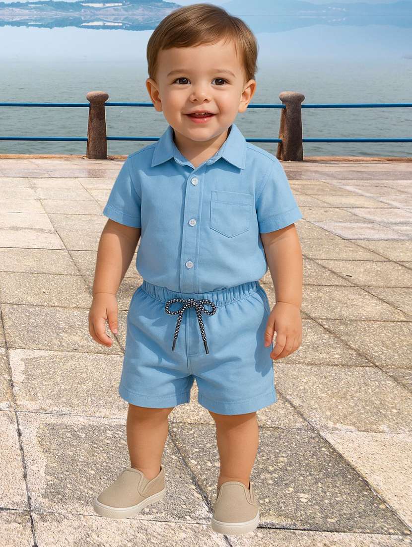boys solid shirt & shorts co-ords set