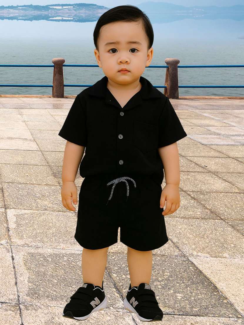 boys solid shirt & shorts co-ords set