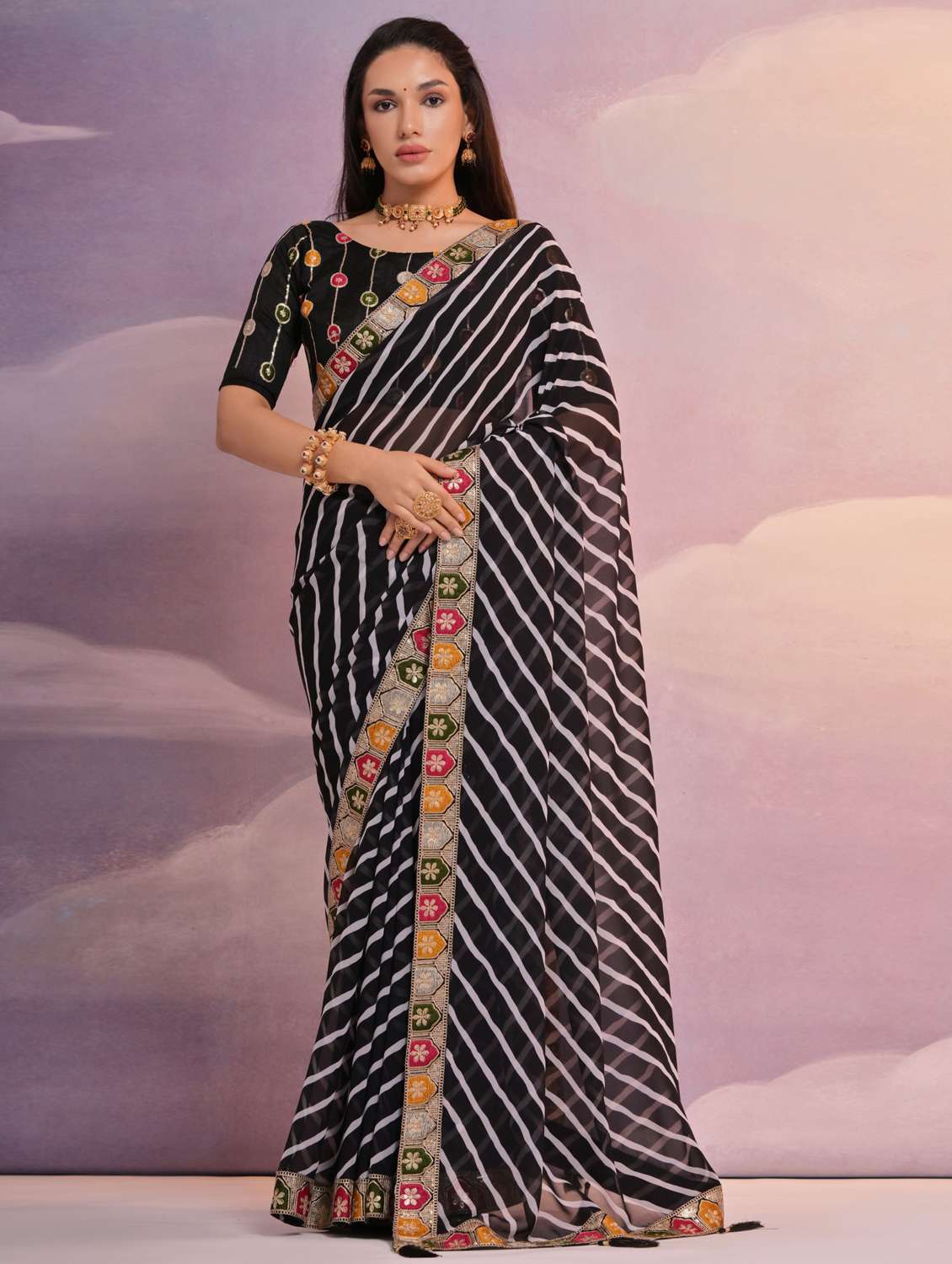 women striped bordered saree with blouse