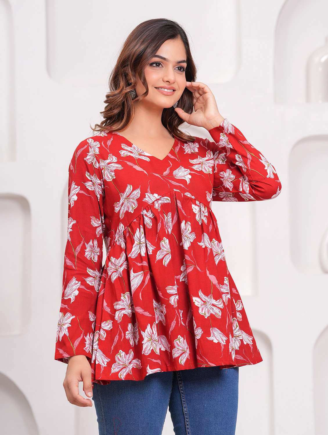 women printed long sleeve flared kurti