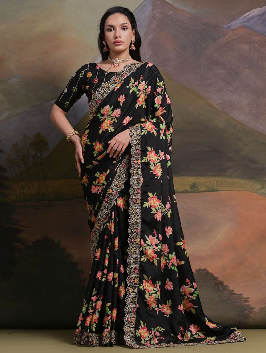 women floral printed bordered saree with blouse