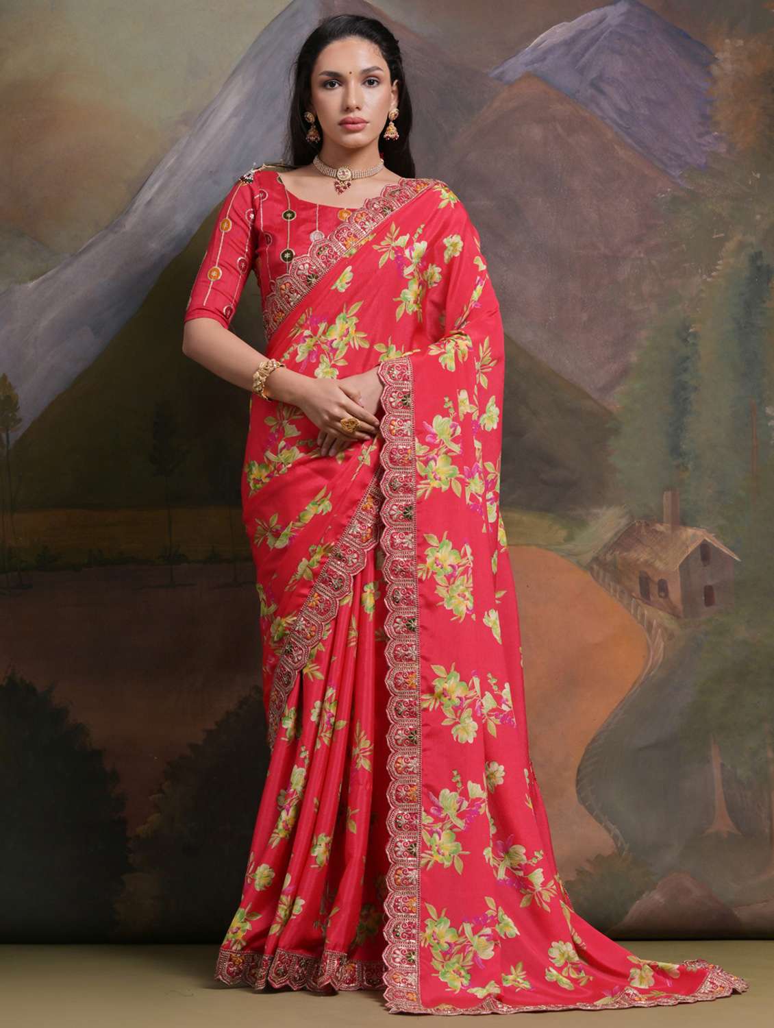 women floral printed bordered saree with blouse - 22062952 -  Zoom Image - 0