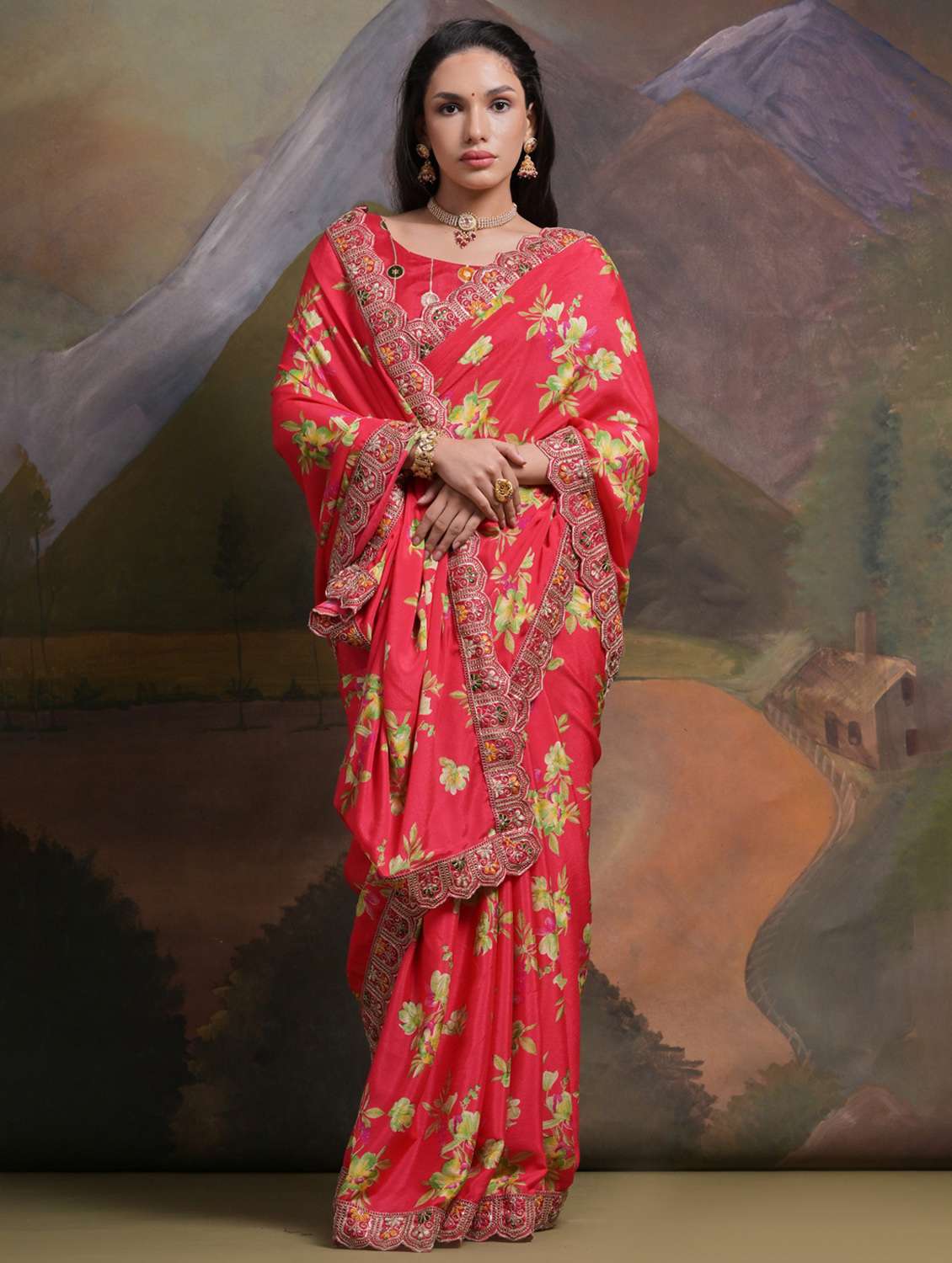 women floral printed bordered saree with blouse - 22062952 -  Standard Image - 3
