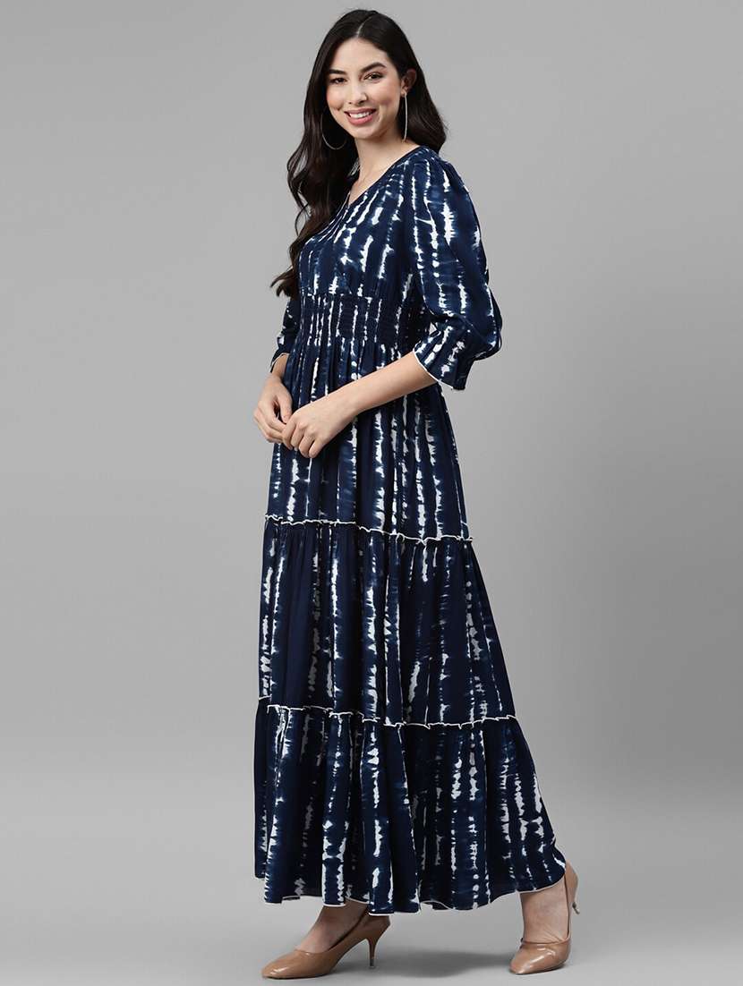 women printed puff sleeve tiered maxi dress
