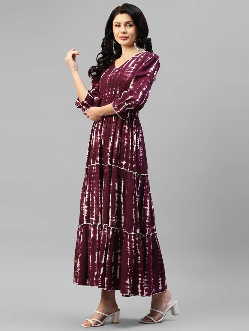 women printed puff sleeve tiered maxi dress