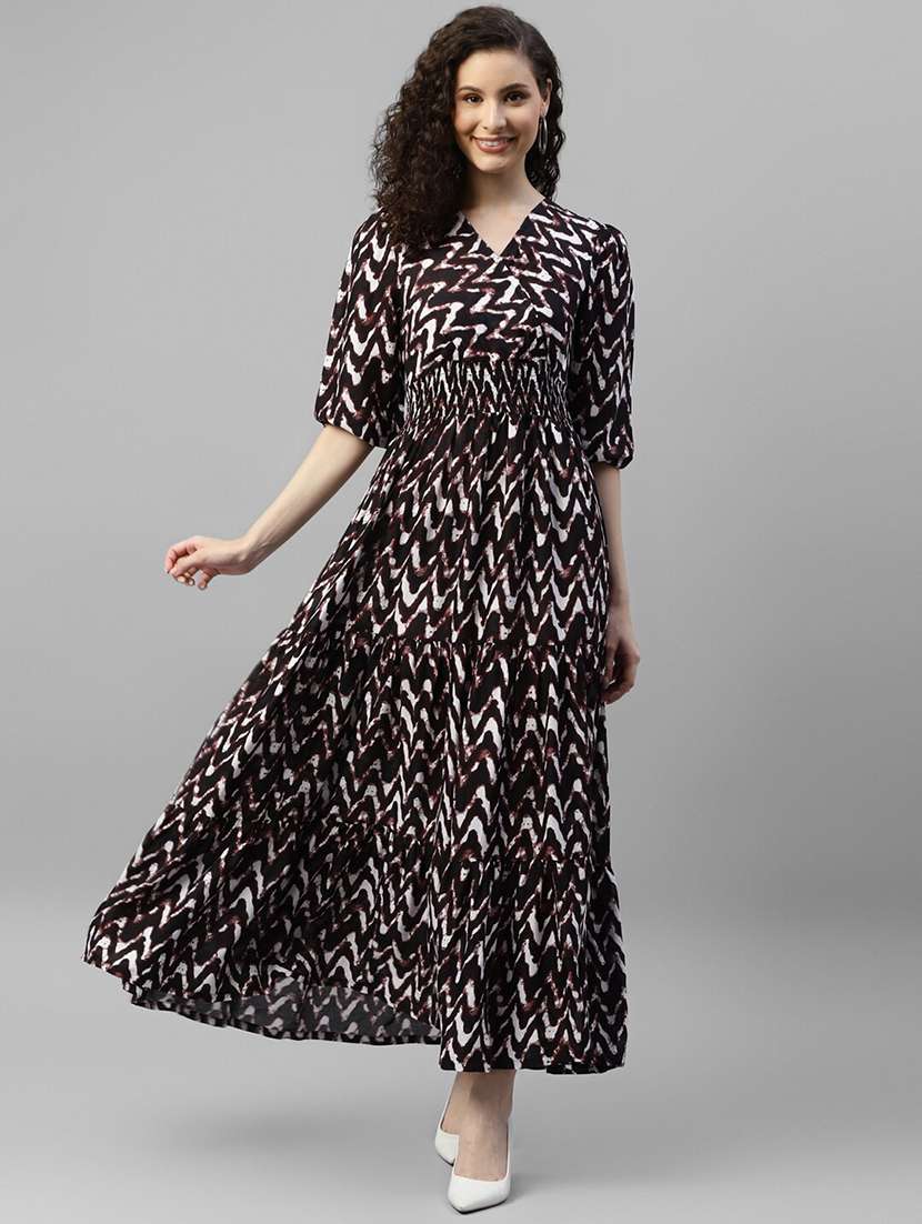 women printed puff sleeve tiered maxi dress