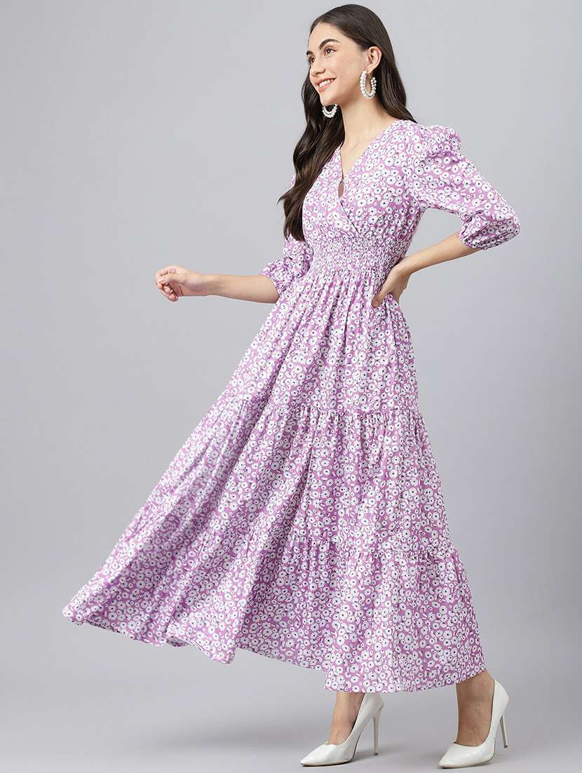 women printed puff sleeve tiered maxi dress