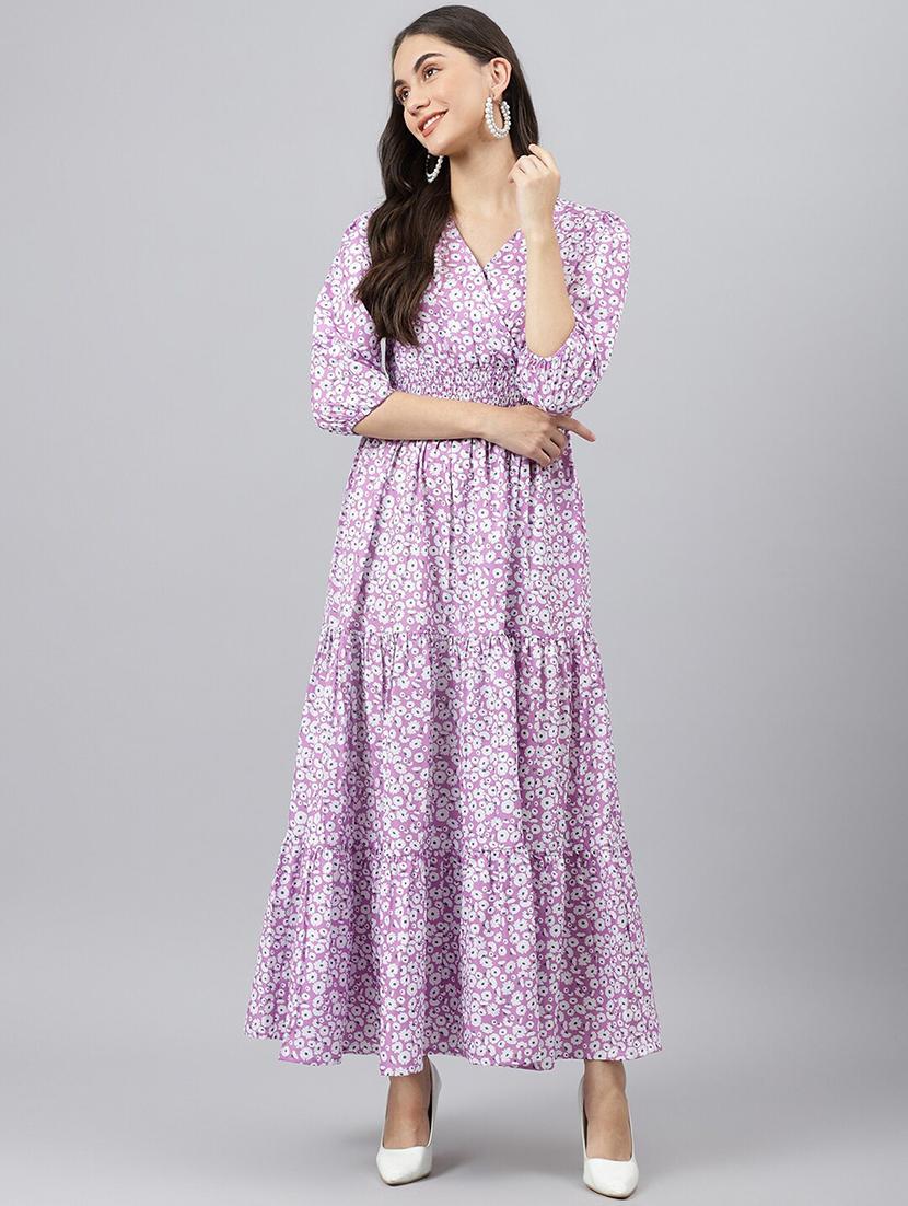 women printed puff sleeve tiered maxi dress