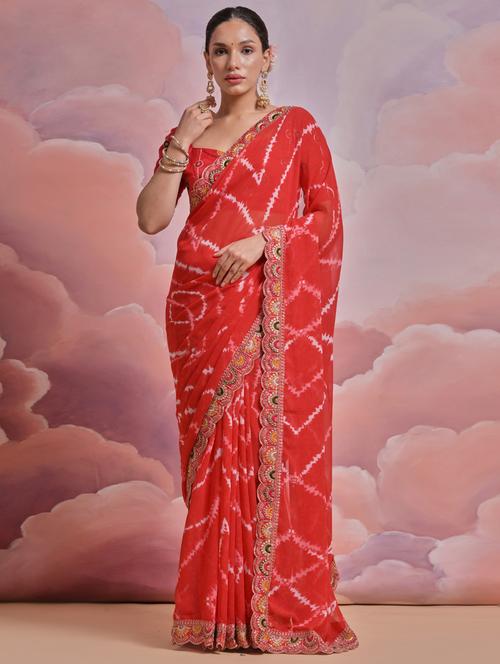 women tie & dye printed bordered saree with blouse - 22063027 - Standard Image - 0