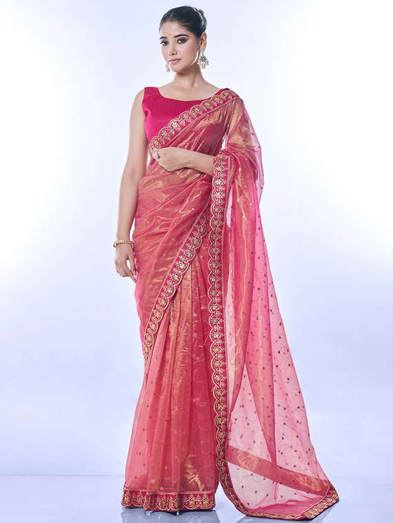 women solid with work bordered saree with blouse - 22063038 -  Zoom Image - 0