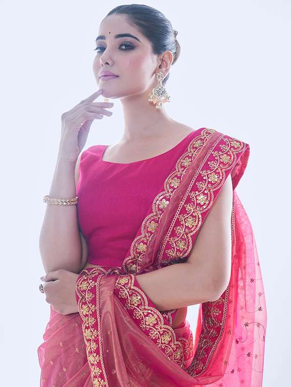 women solid with work bordered saree with blouse - 22063038 -  Standard Image - 3