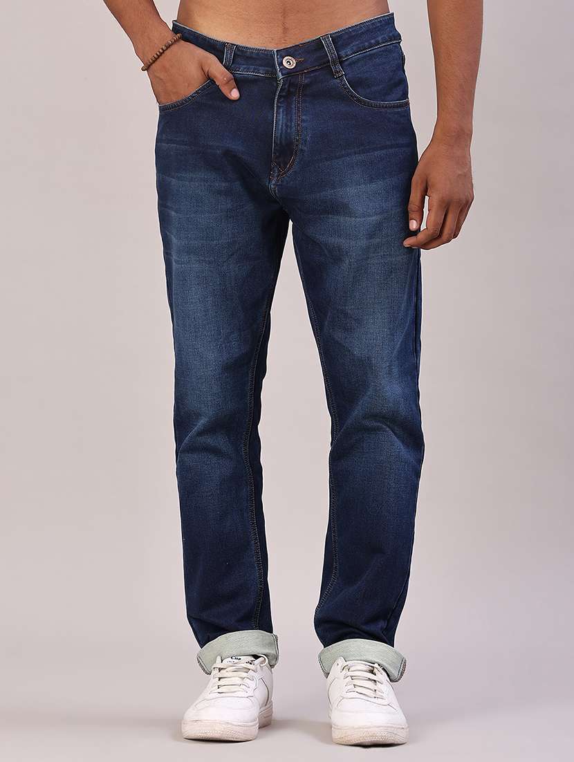 men washed mid rise full length jeans