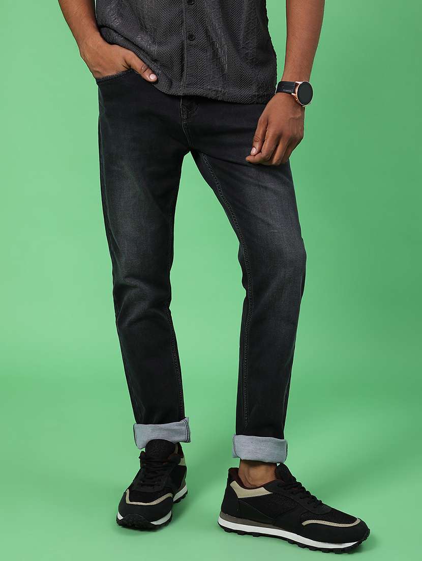 men washed mid rise full length jeans
