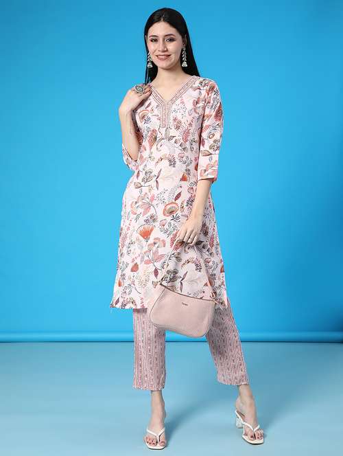women floral printed three quarter sleeve kurta pant set - 22063420 -  Standard Image - 0