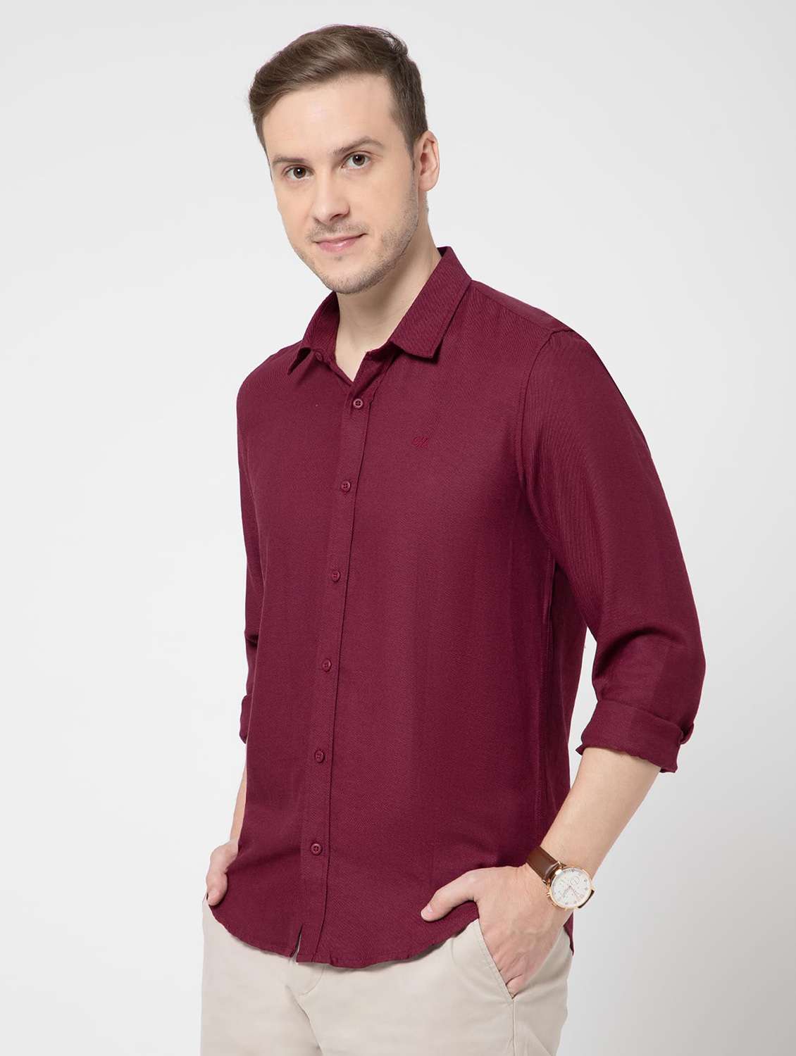 men solid collared long sleeve regular fit shirt
